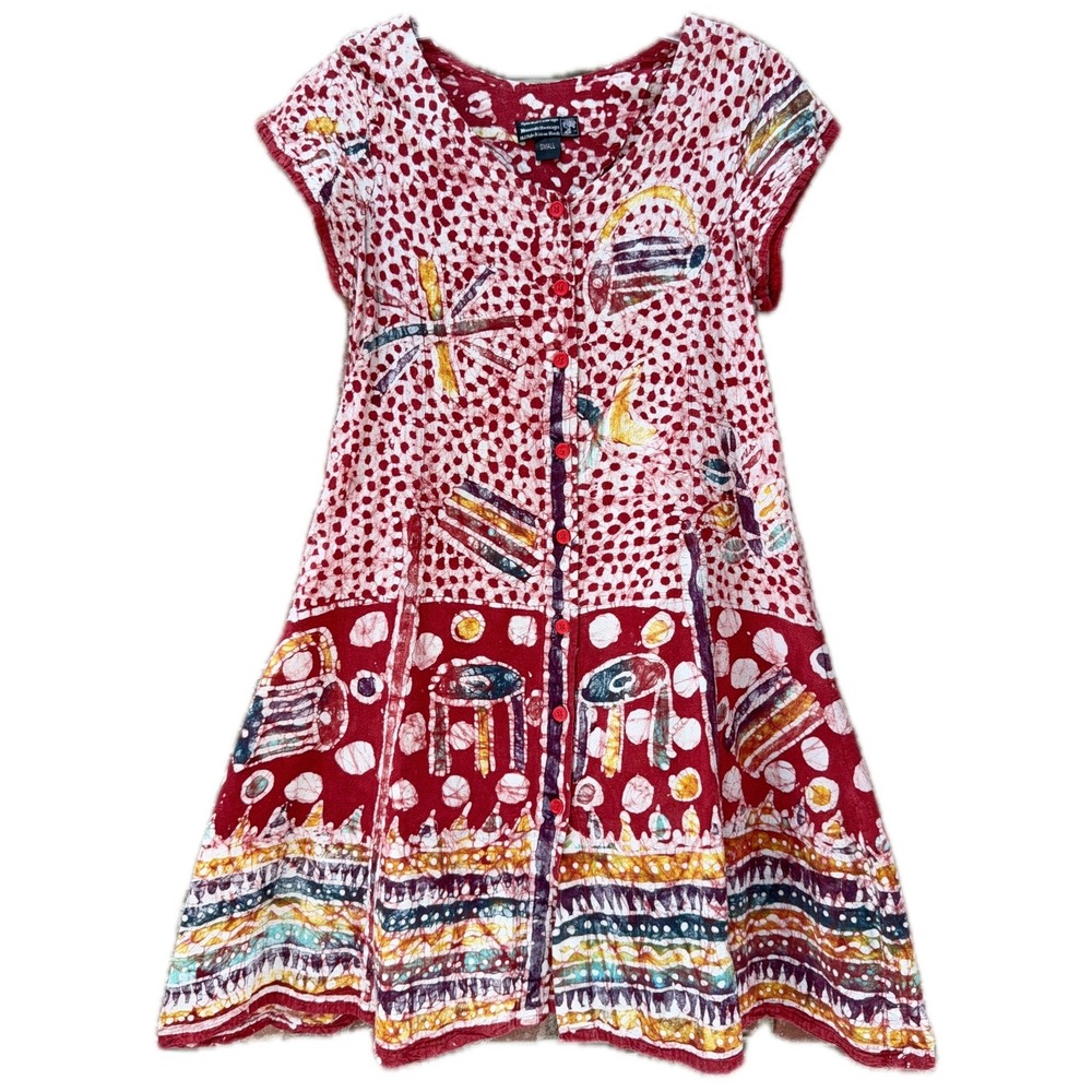 Spirit of Courage Nnamdi Ibenagu African Batik Red Button Front Dress Small